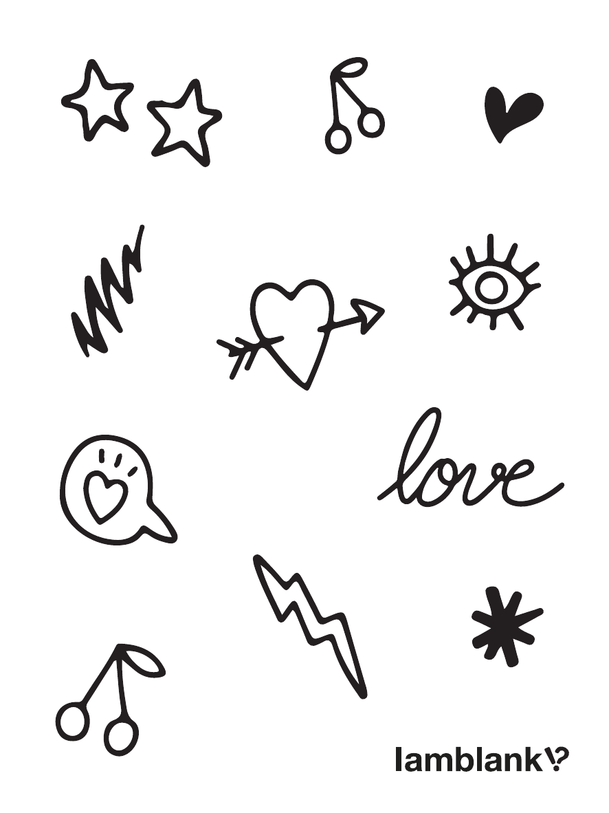 별, 체리, 하트, 번개와 레터링이 담긴 Love Doodles 스킨잉크 타투 시트
